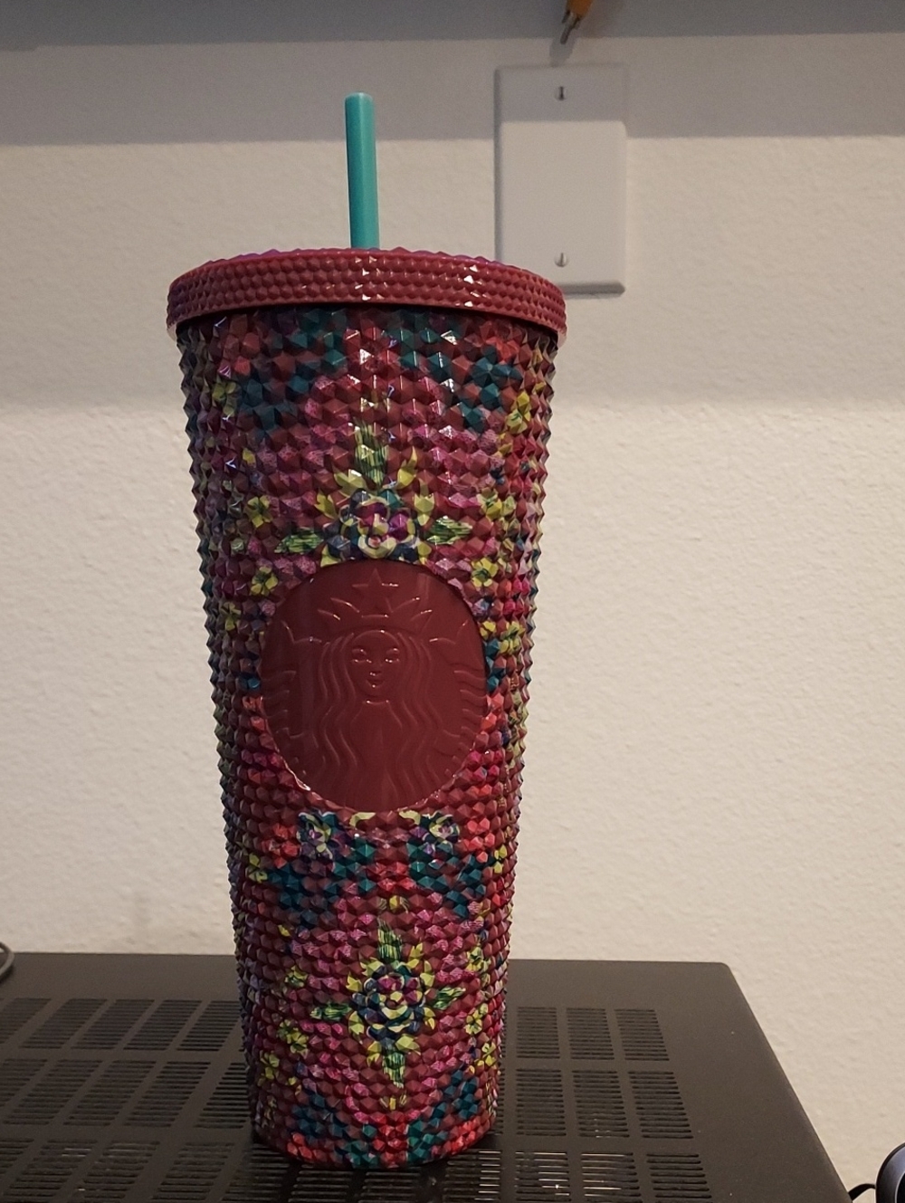 Starbucks Multicolor Studded Tumbler 24 oz with Maroon Lid and Teal Straw (New)